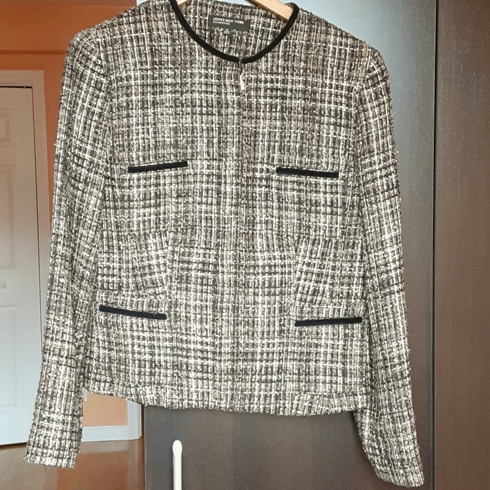 Jones NY Collection Tweed Black and Gold Zippered Blazer